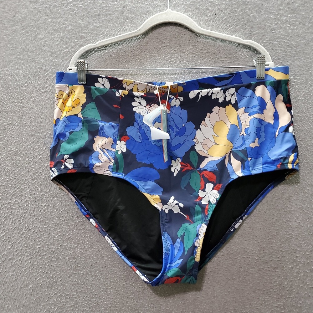 Coastal Blue Women Swimwear 2X Blue Yellow Floral Bikini‎ Bottoms Cheeky NWT